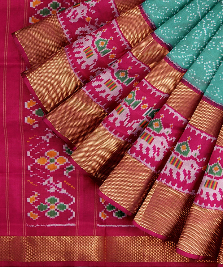 Sea green pink handwoven pochampally ikat silk saree