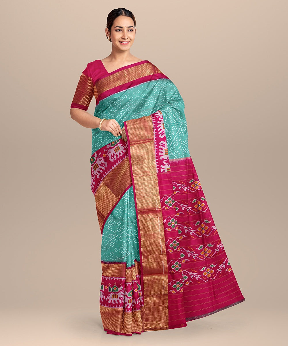 Sea green pink handwoven pochampally ikat silk saree