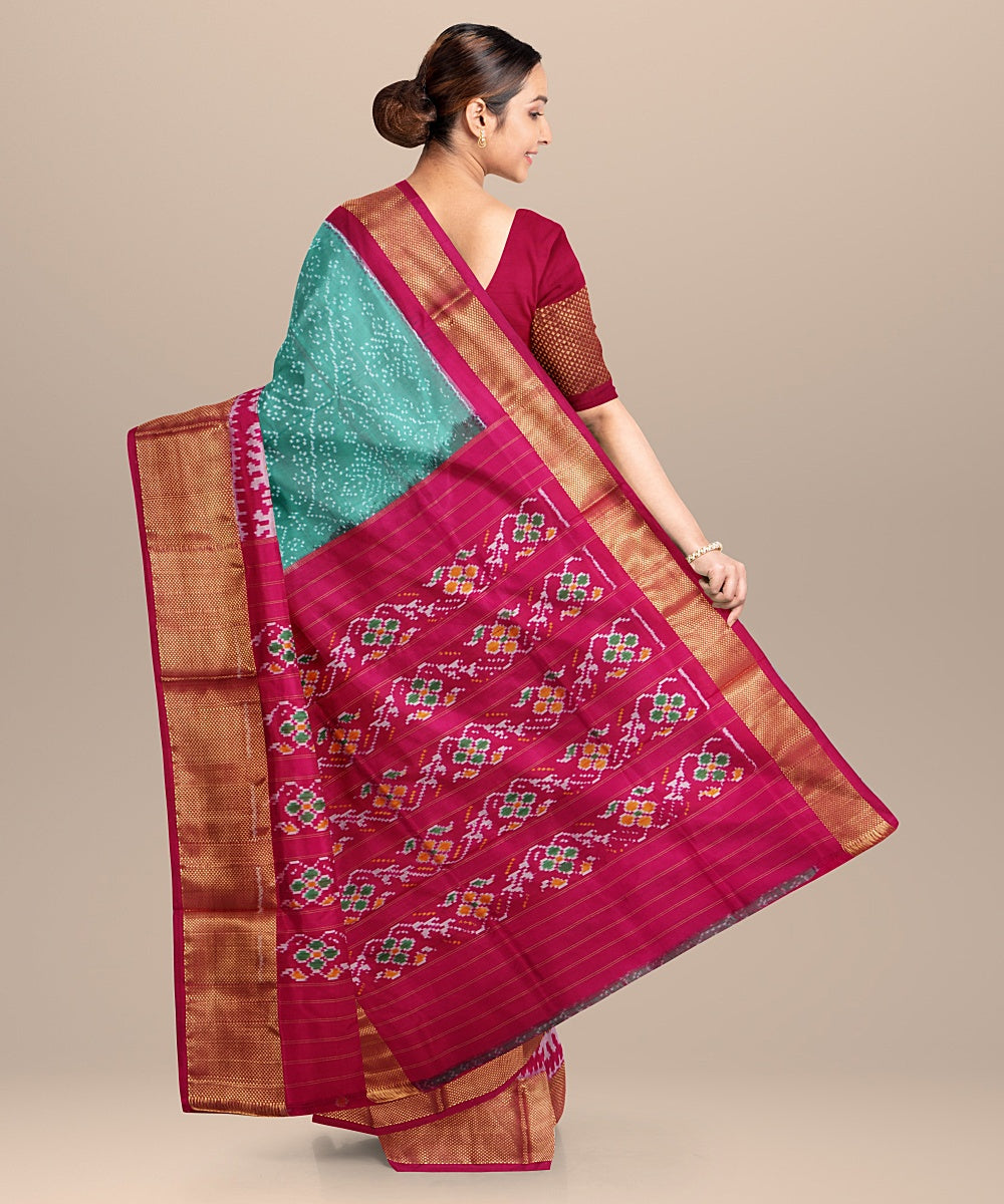 Sea green pink handwoven pochampally ikat silk saree