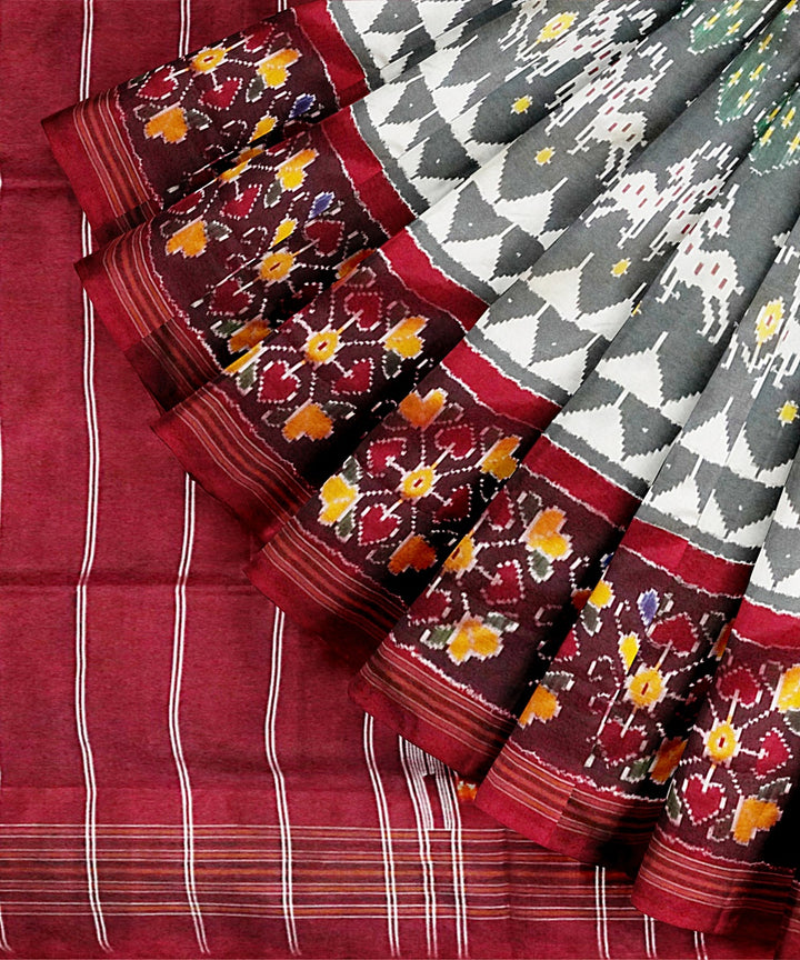 Grey maroon handwoven pochampally ikat silk saree