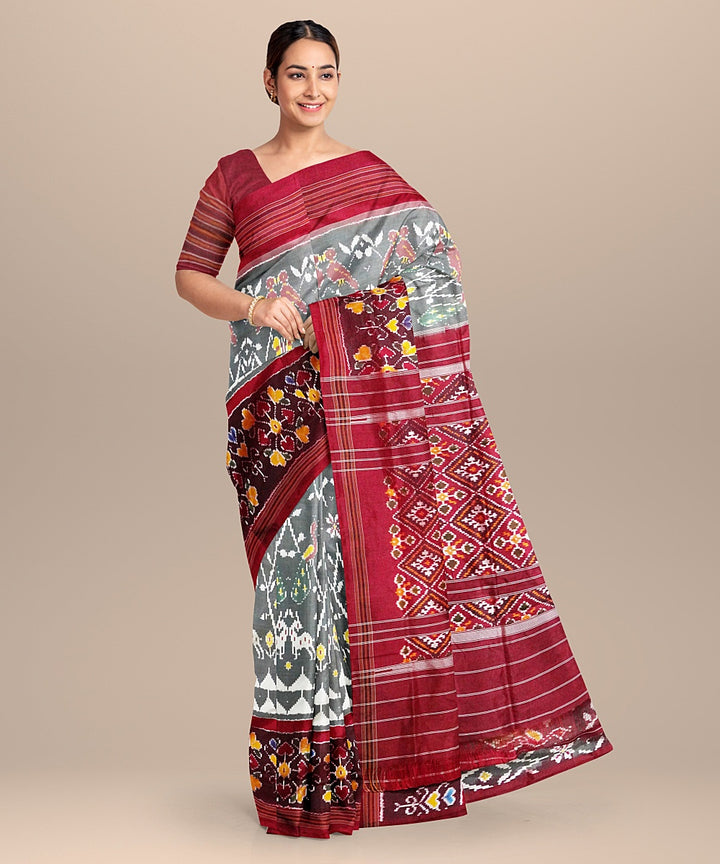 Grey maroon handwoven pochampally ikat silk saree