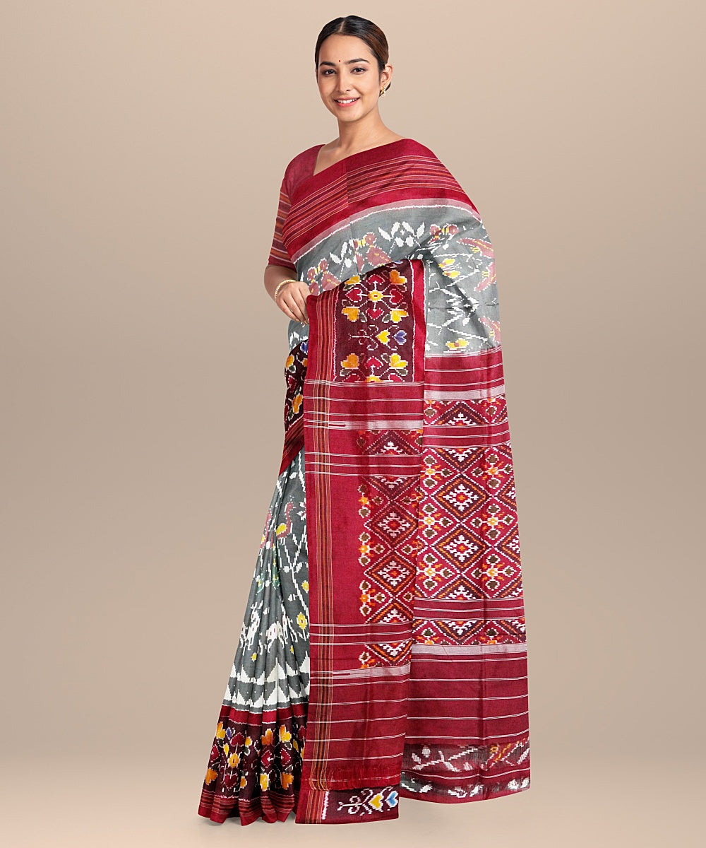 Grey maroon handwoven pochampally ikat silk saree