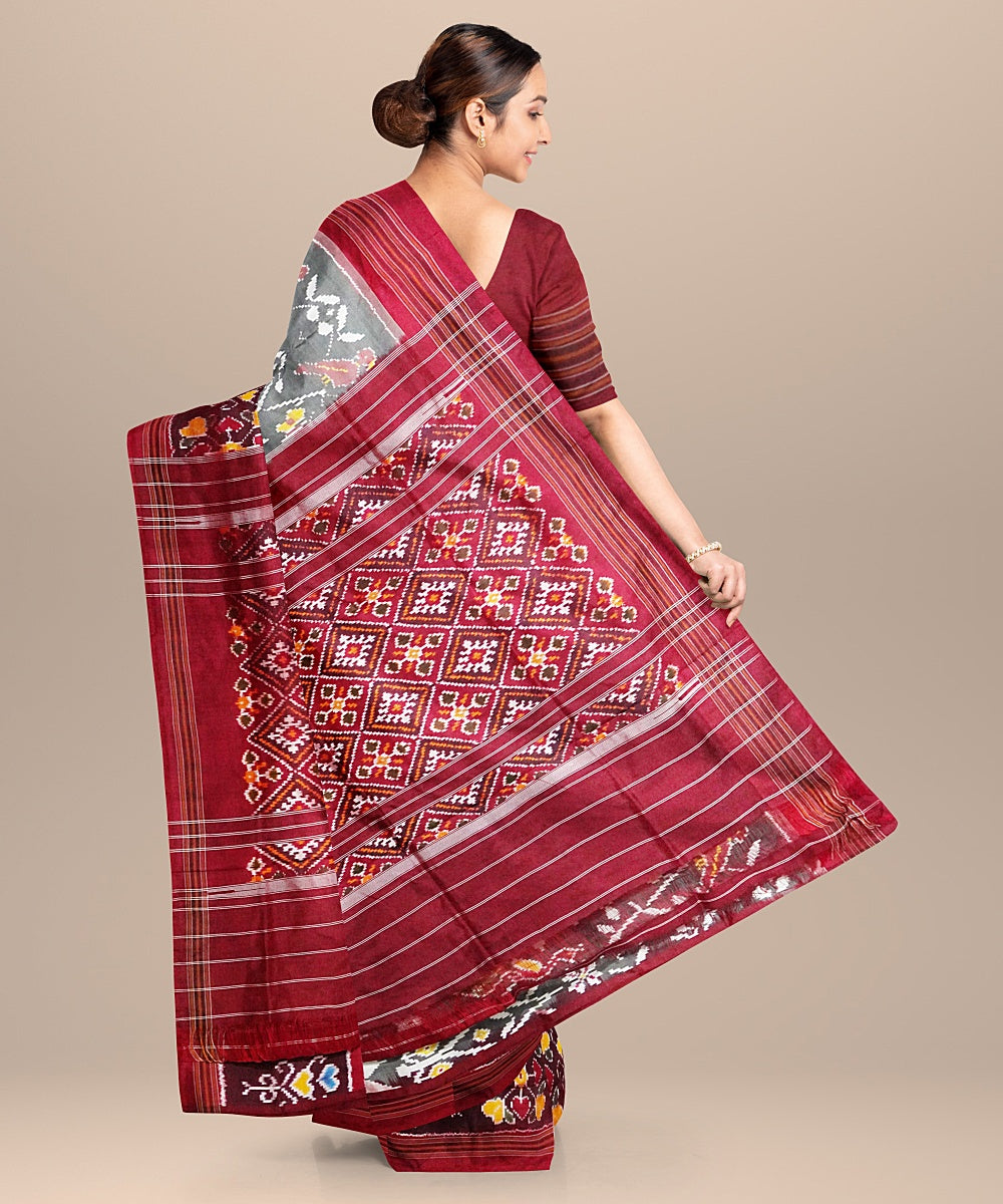 Grey maroon handwoven pochampally ikat silk saree