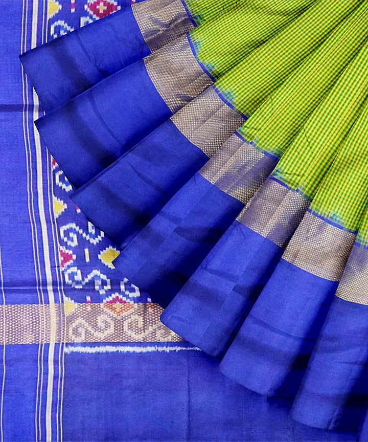 Lime green blue handwoven pochampally ikat silk saree