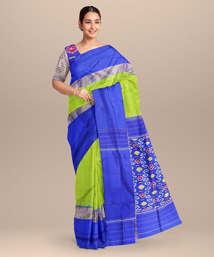 Lime green blue handwoven pochampally ikat silk saree