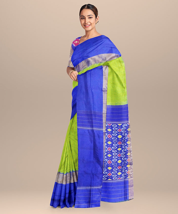 Lime green blue handwoven pochampally ikat silk saree