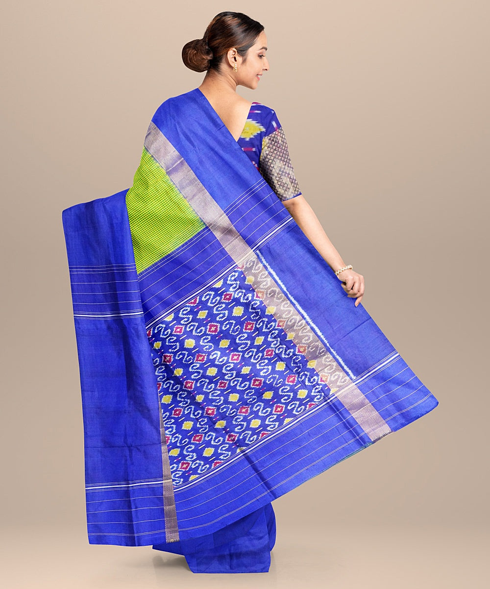 Lime green blue handwoven pochampally ikat silk saree