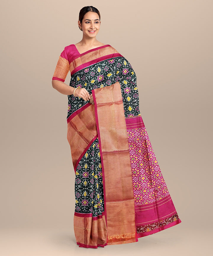 Black pink handwoven pochampally ikat silk saree