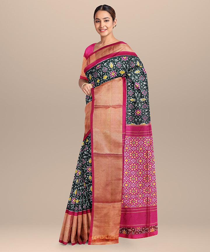 Black pink handwoven pochampally ikat silk saree