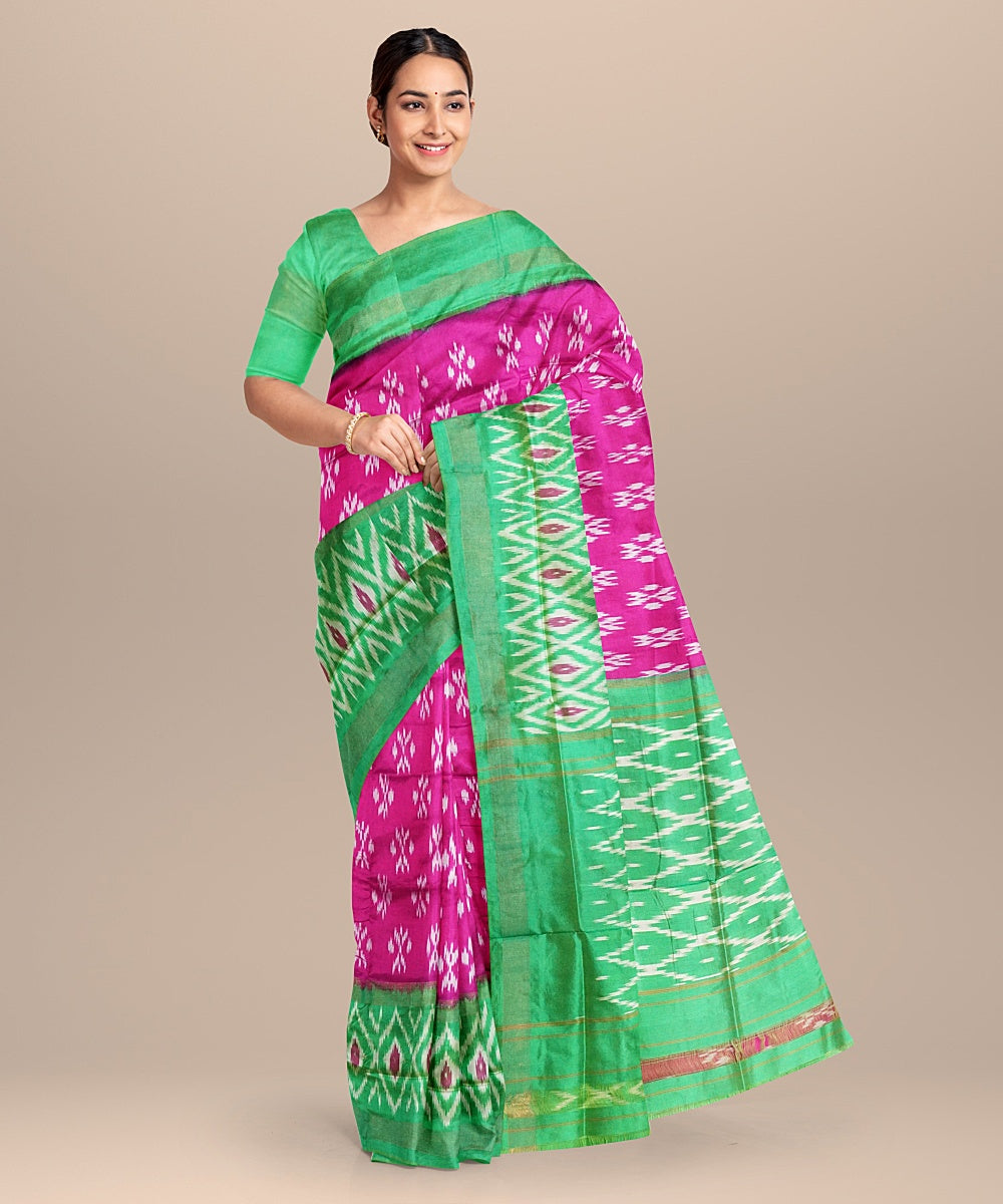 Pink green handwoven pochampally silk saree