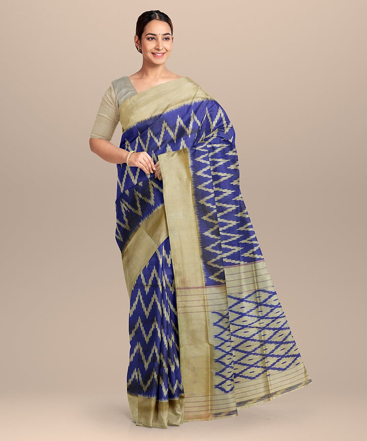 Blue cream handwoven pochampally ikat silk saree