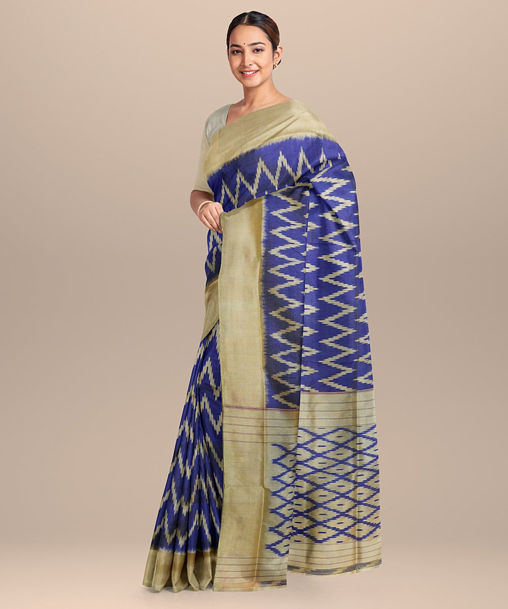 Blue cream handwoven pochampally ikat silk saree