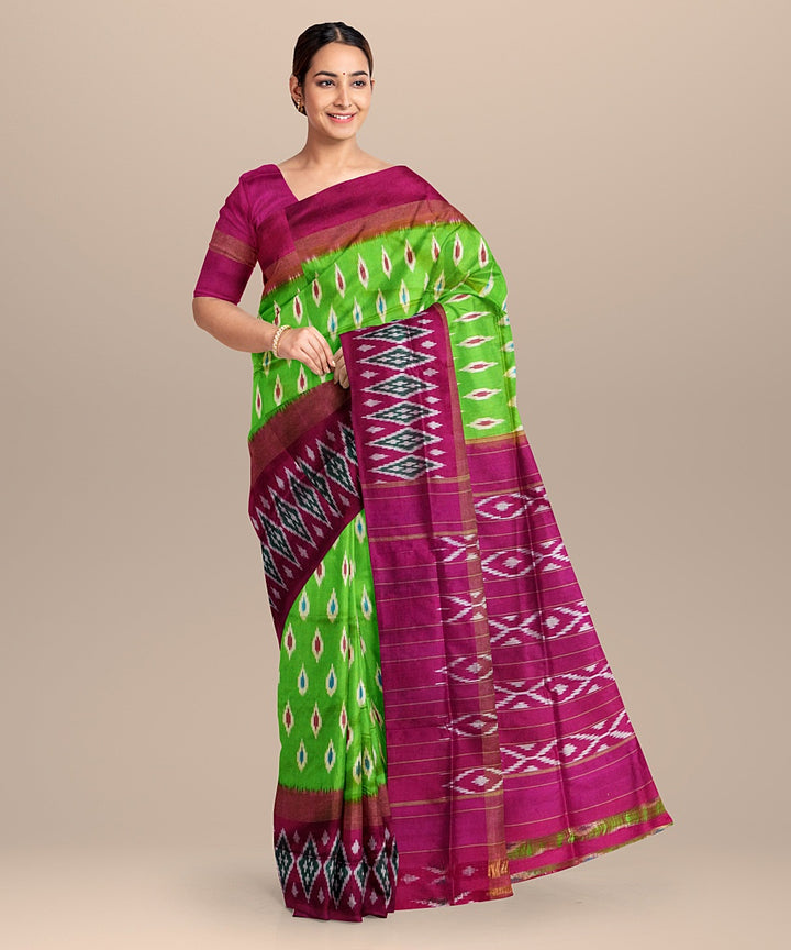 Light green pink handloom pochampally ikat silk saree