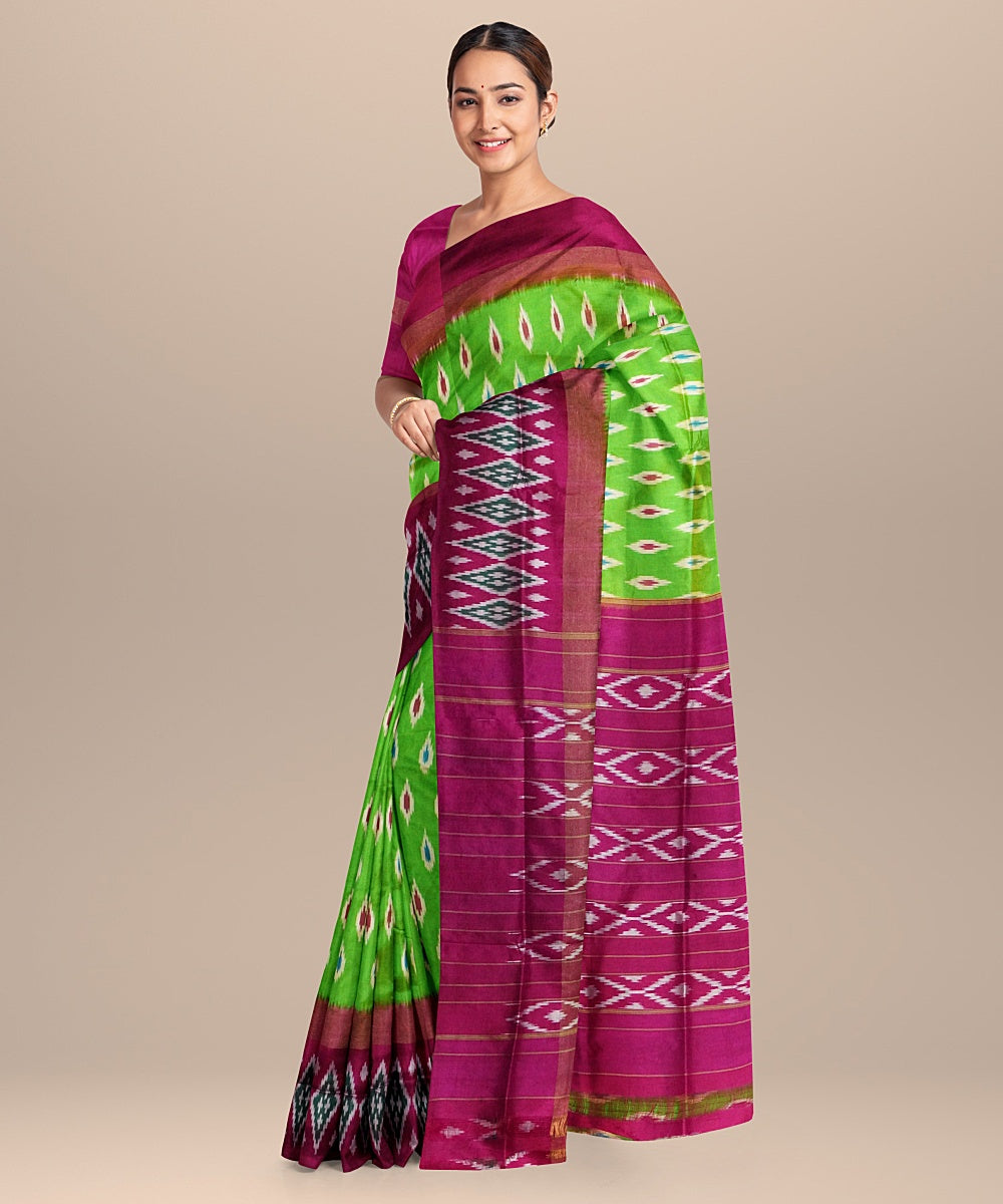 Light green pink handloom pochampally ikat silk saree