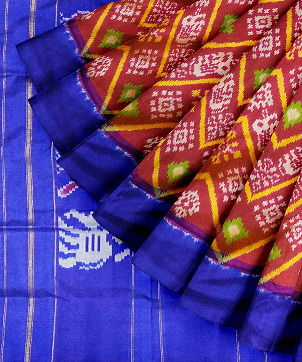 Brown blue handwoven pochampally ikat silk saree