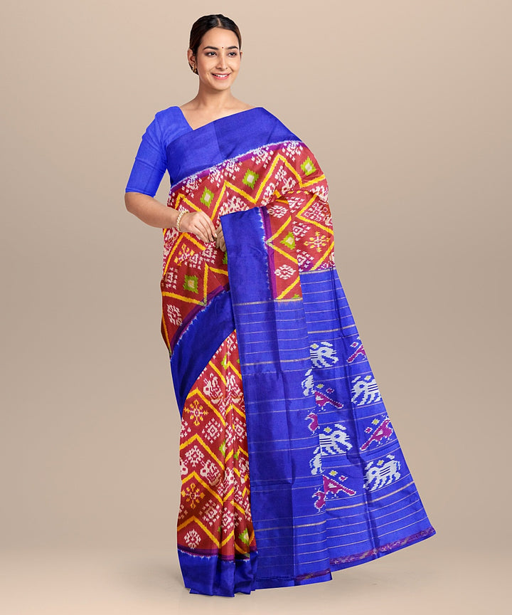 Brown blue handwoven pochampally ikat silk saree