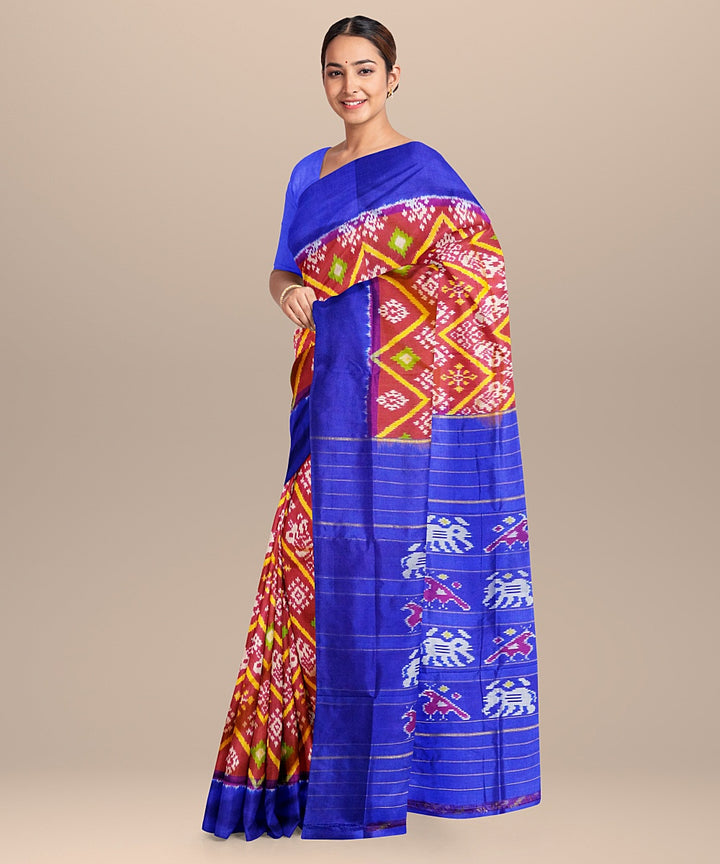 Brown blue handwoven pochampally ikat silk saree