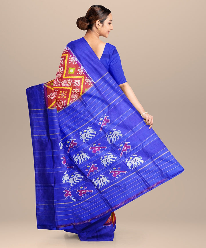 Brown blue handwoven pochampally ikat silk saree