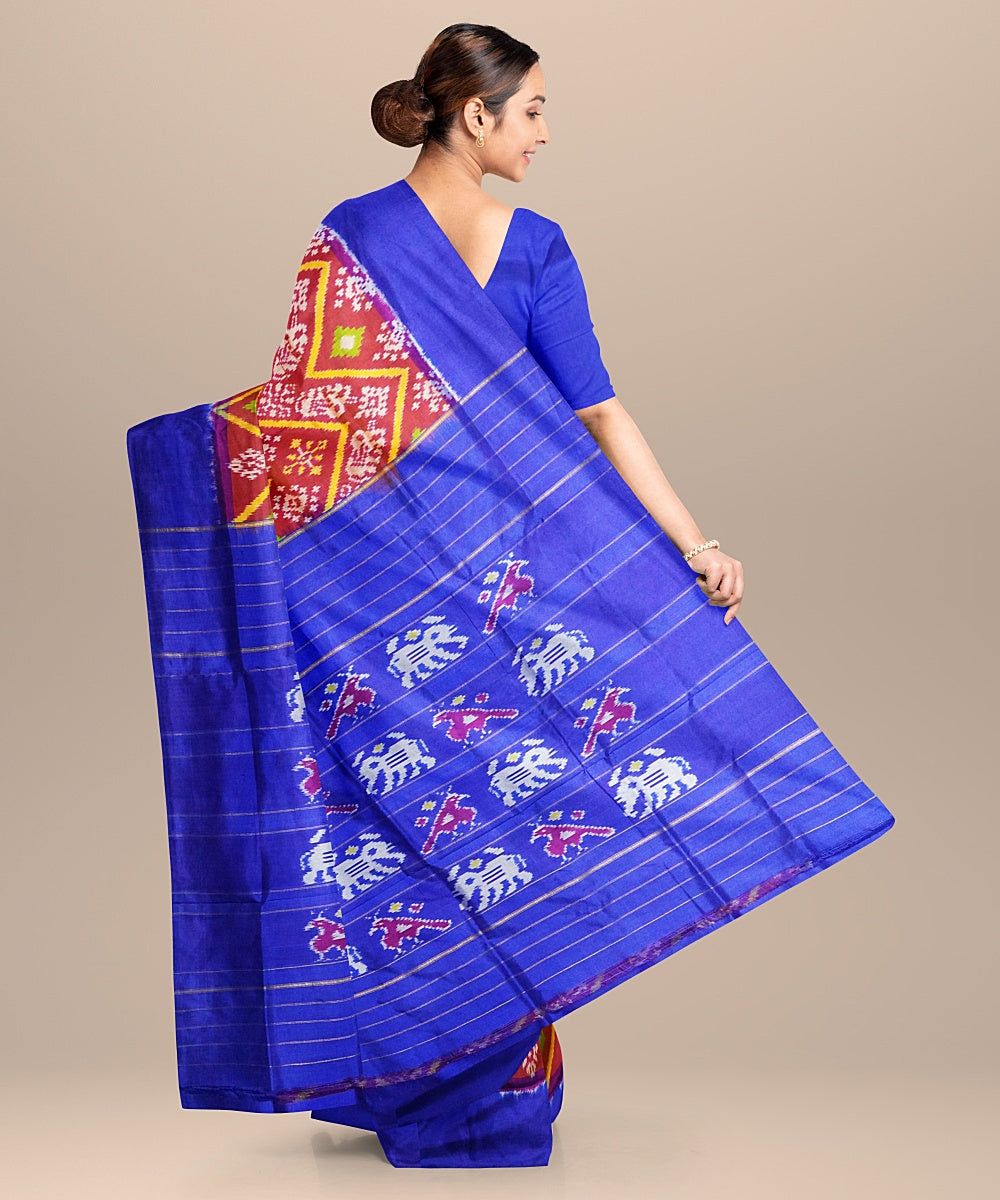 Brown blue handwoven pochampally ikat silk saree