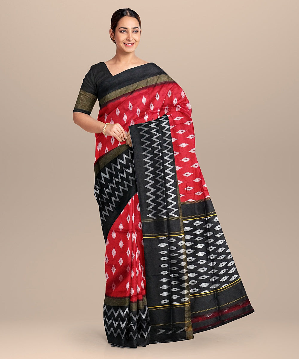 Red black handwoven pochampally ikat silk saree