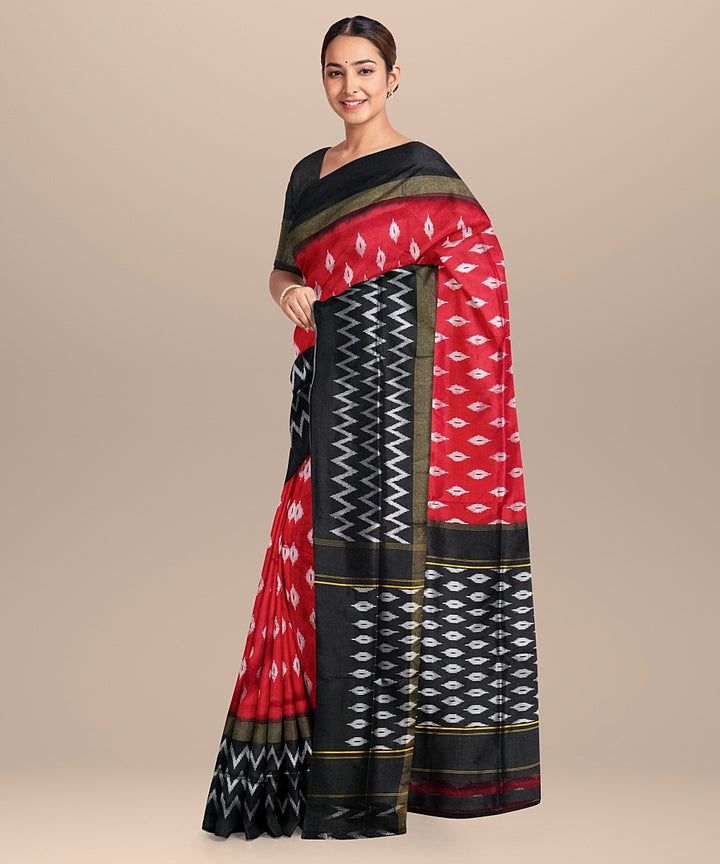 Red black handwoven pochampally ikat silk saree