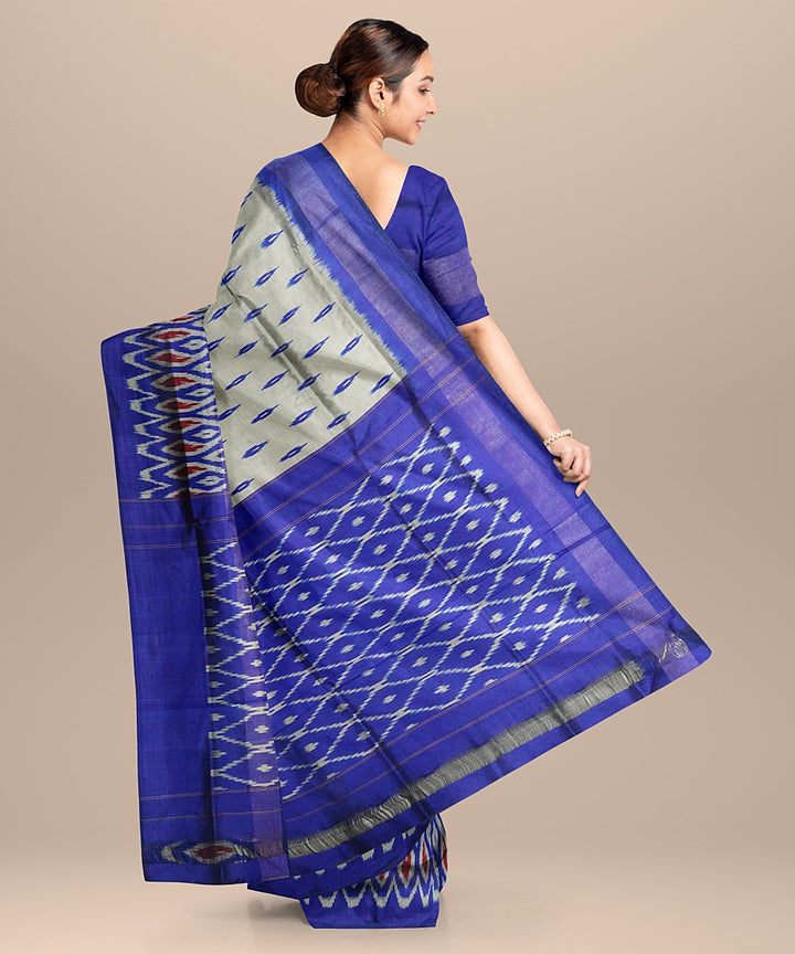 Cream blue handwoven pochampally ikat silk saree