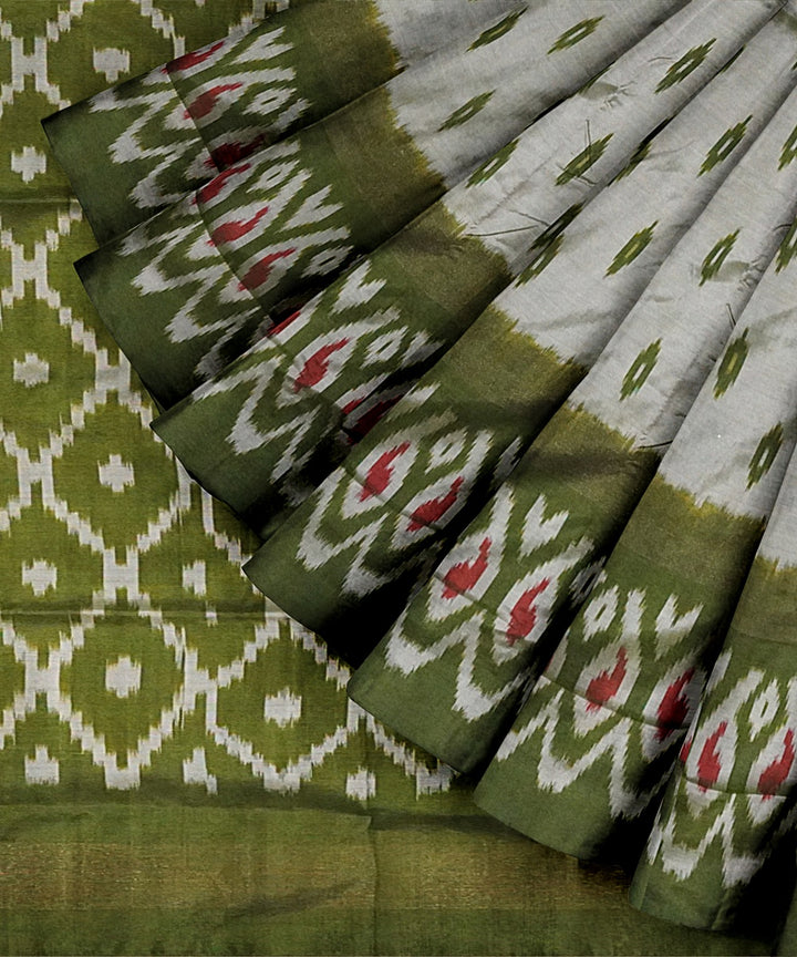 Cream green handwoven pochampally ikat silk saree