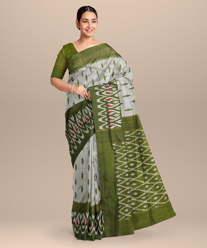 Cream green handwoven pochampally ikat silk saree