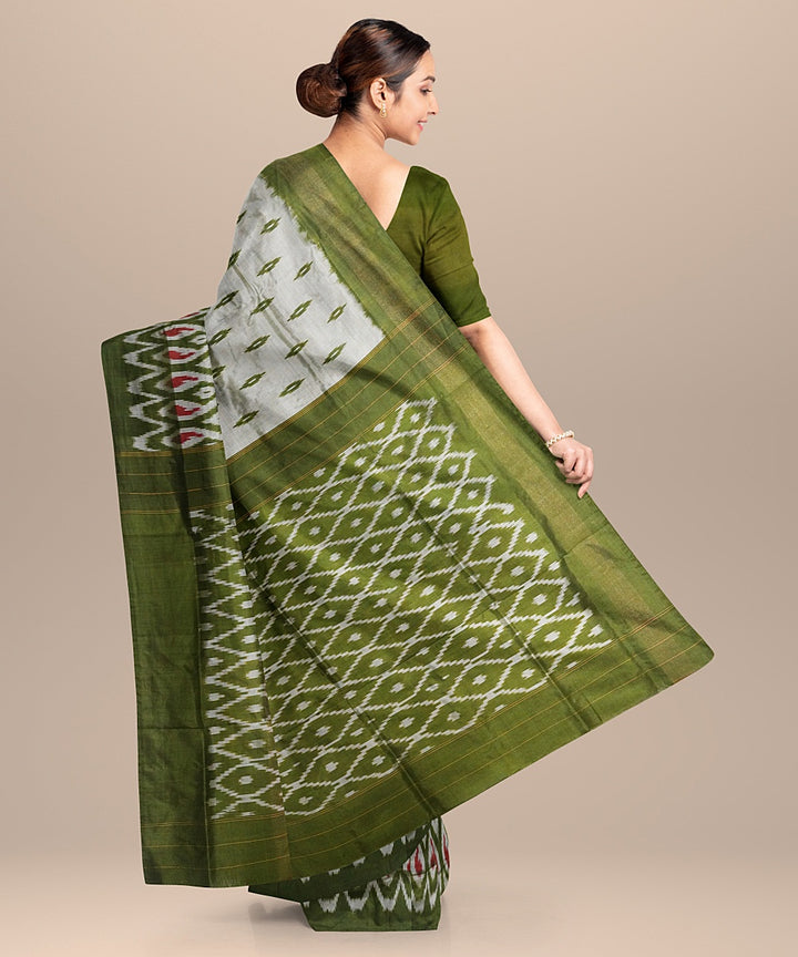 Cream green handwoven pochampally ikat silk saree