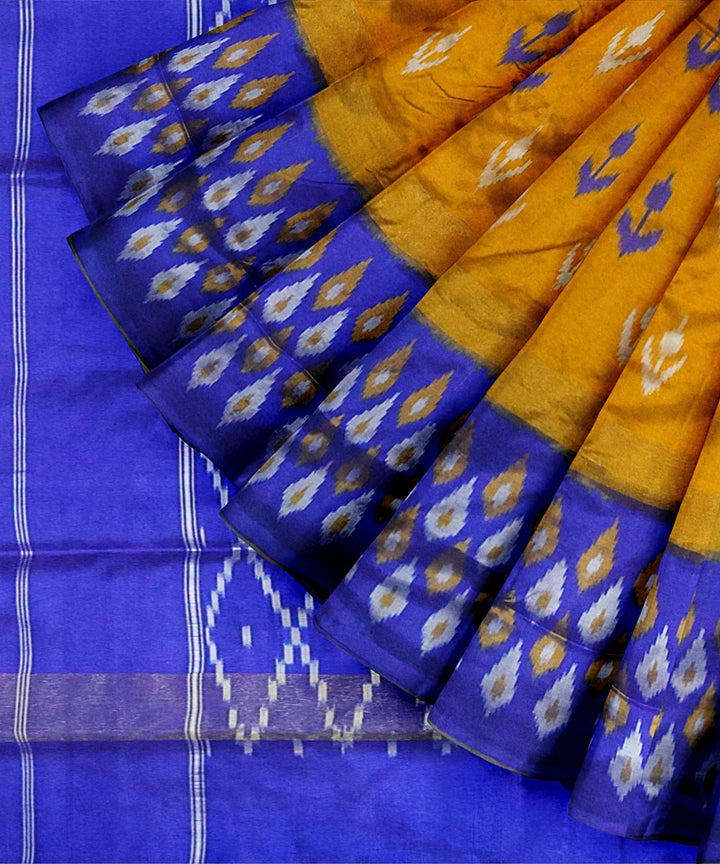 Mustard blue handwoven pochampally ikat silk saree