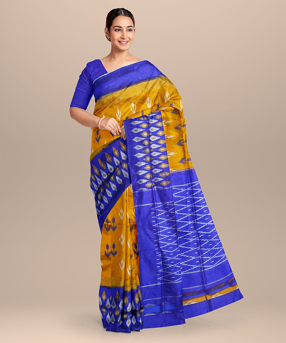 Mustard blue handwoven pochampally ikat silk saree