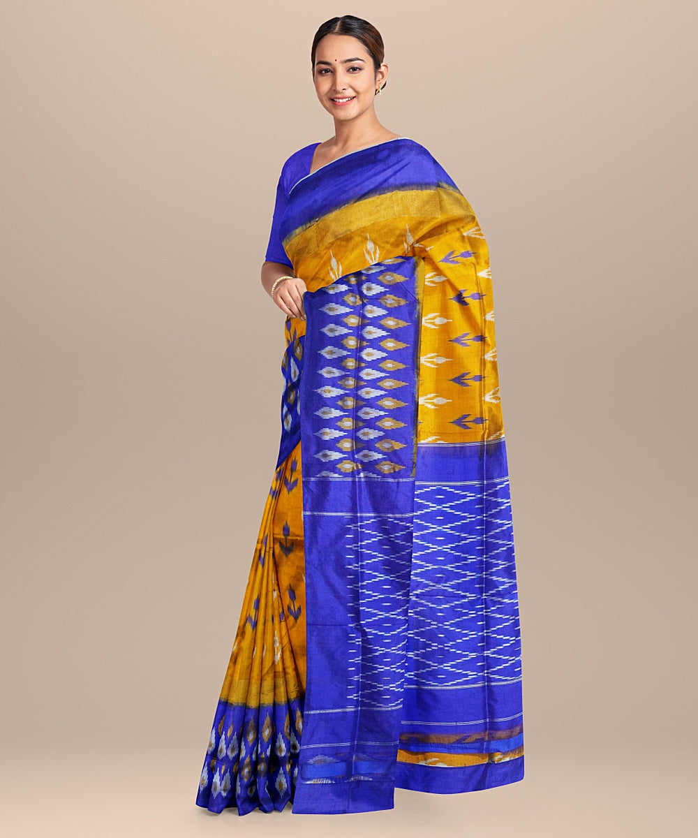 Mustard blue handwoven pochampally ikat silk saree