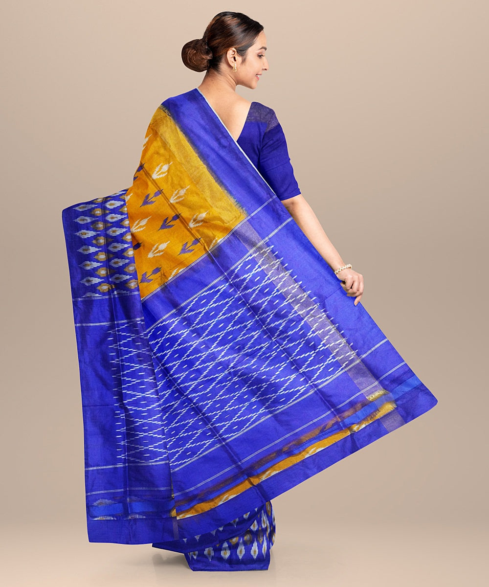 Mustard blue handwoven pochampally ikat silk saree