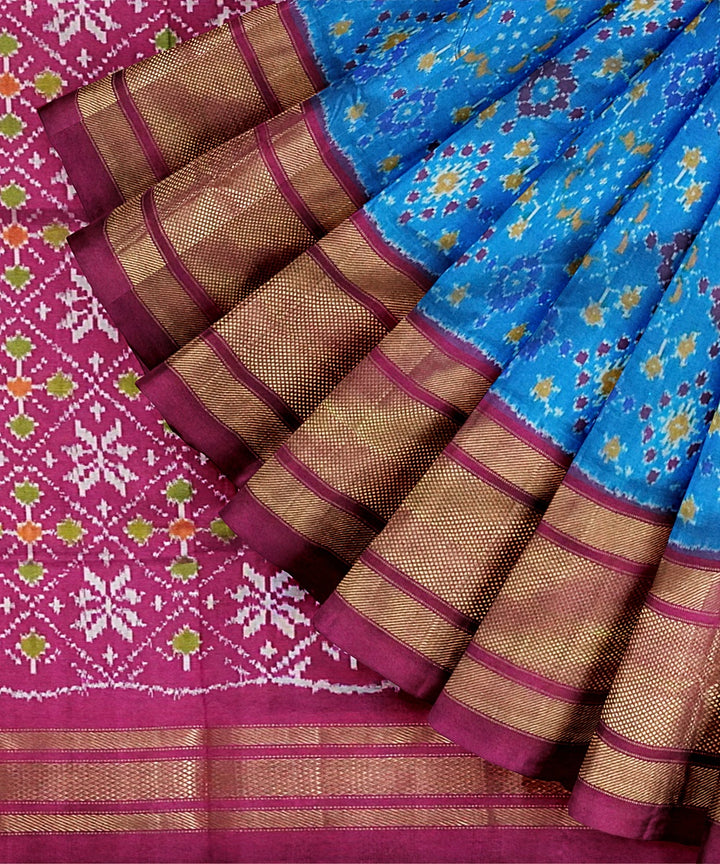 Cyan blue pink handwoven pochampally ikat silk saree