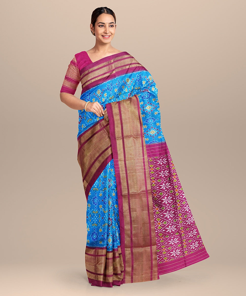 Cyan blue pink handwoven pochampally ikat silk saree