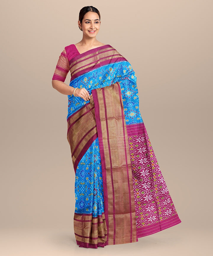 Cyan blue pink handwoven pochampally ikat silk saree