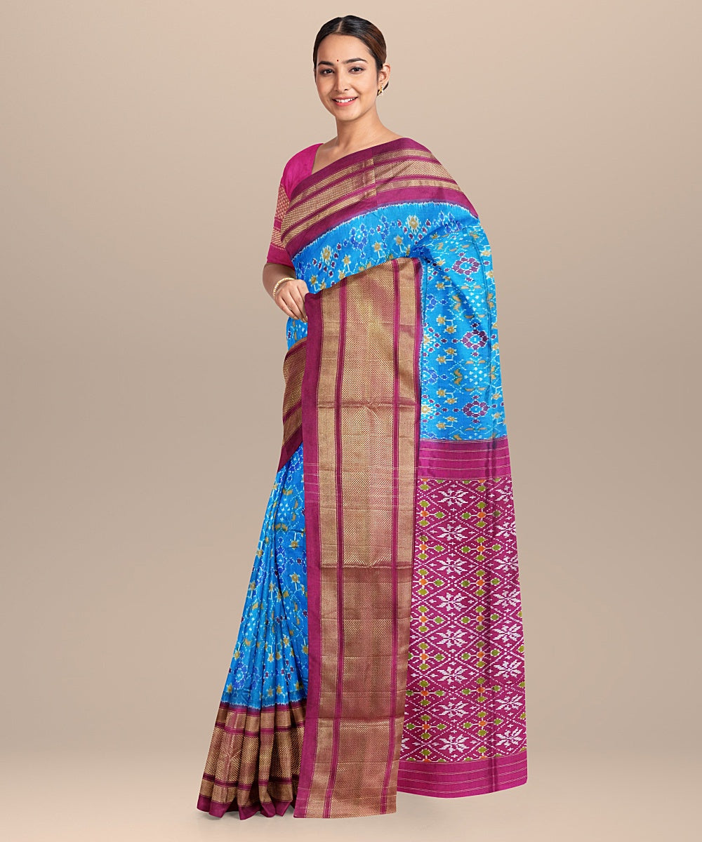 Cyan blue pink handwoven pochampally ikat silk saree