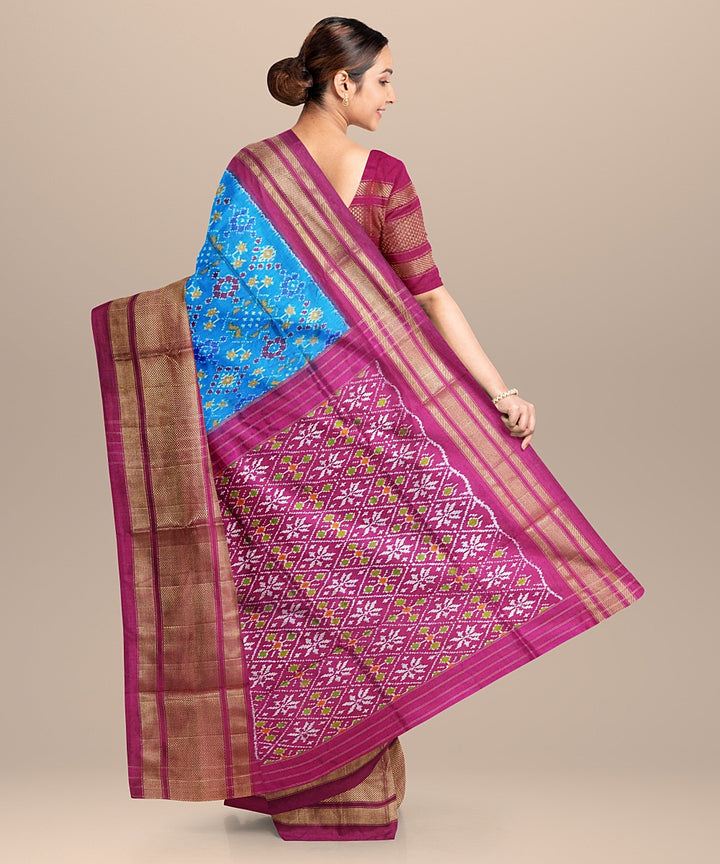 Cyan blue pink handwoven pochampally ikat silk saree