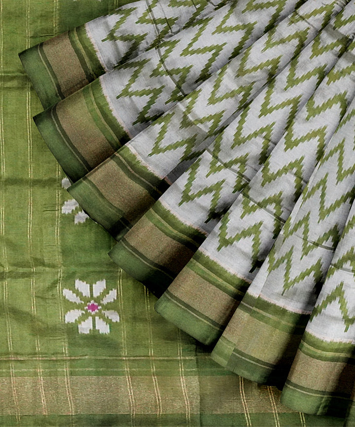 Grey green handwoven pochampally ikat silk saree