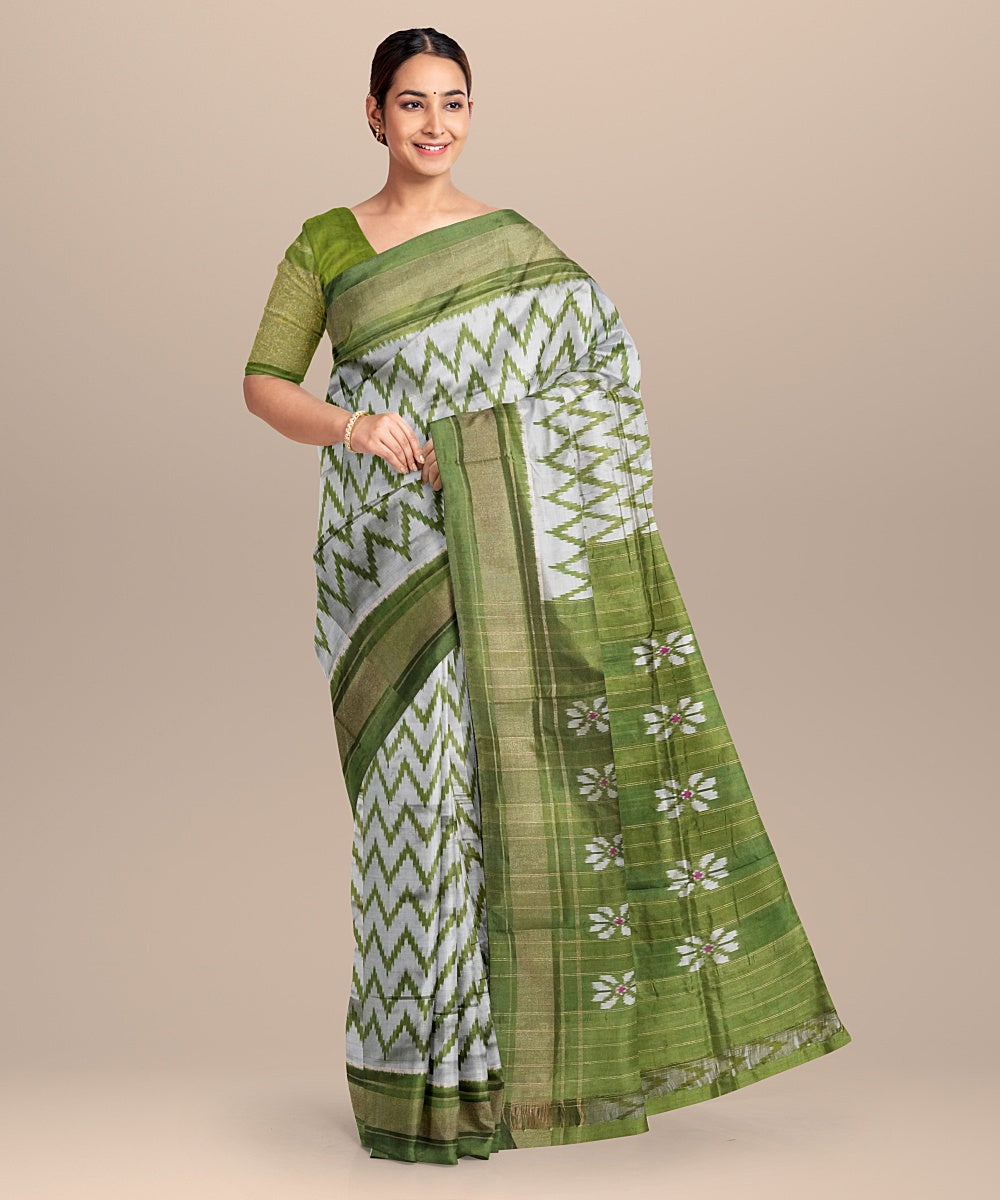 Grey green handwoven pochampally ikat silk saree