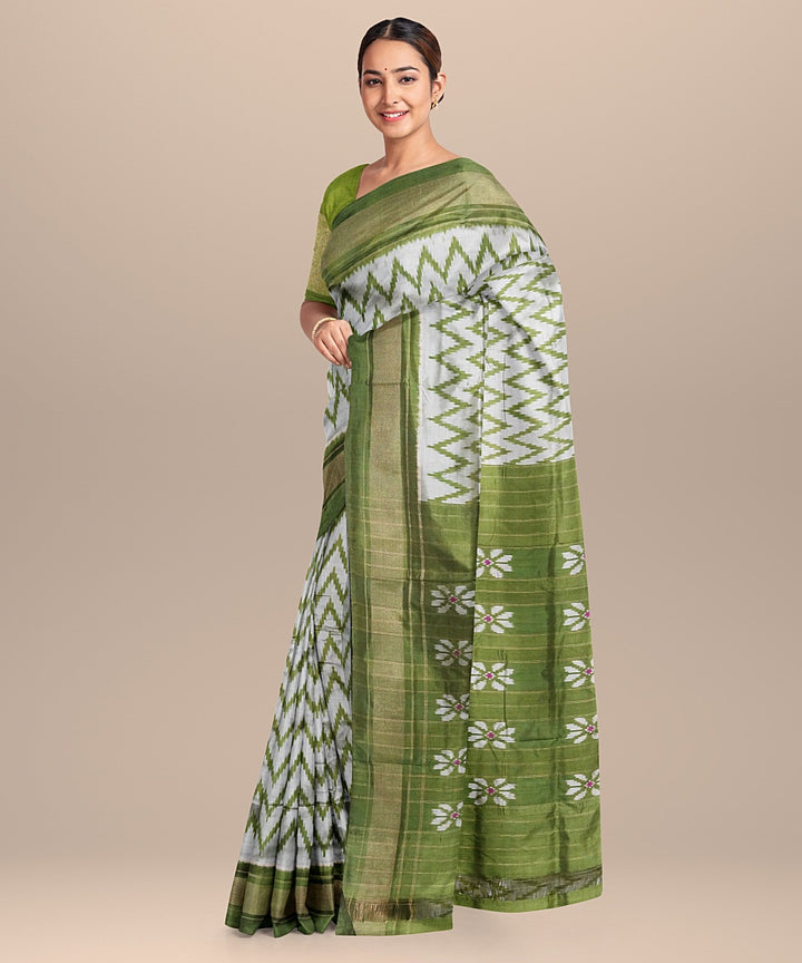 Grey green handwoven pochampally ikat silk saree