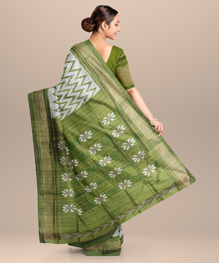 Grey green handwoven pochampally ikat silk saree