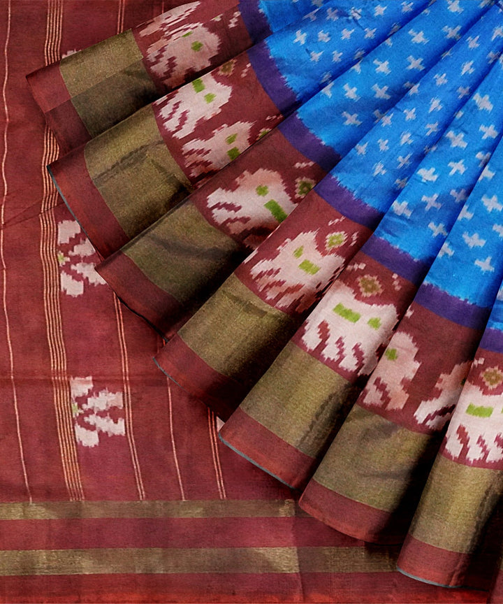 Blue maroon handwoven pochampally ikat silk saree