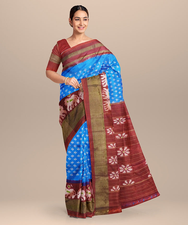 Blue maroon handwoven pochampally ikat silk saree