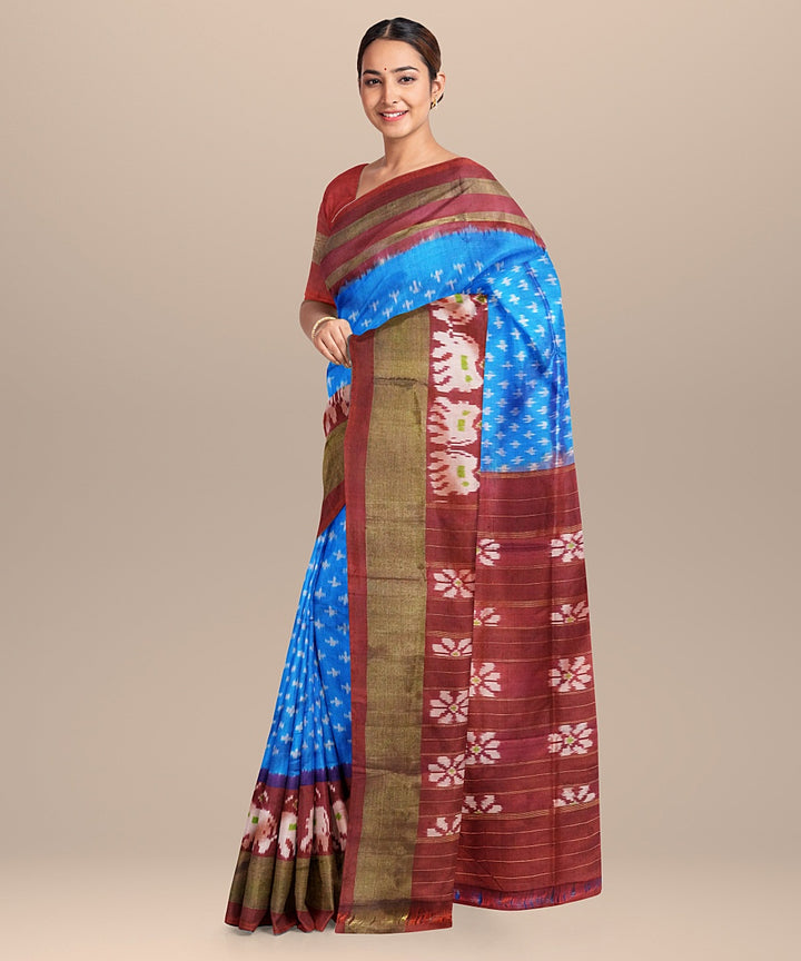 Blue maroon handwoven pochampally ikat silk saree