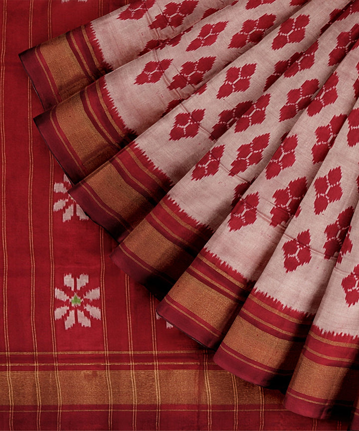 Off white red handwoven pochampally ikat silk saree