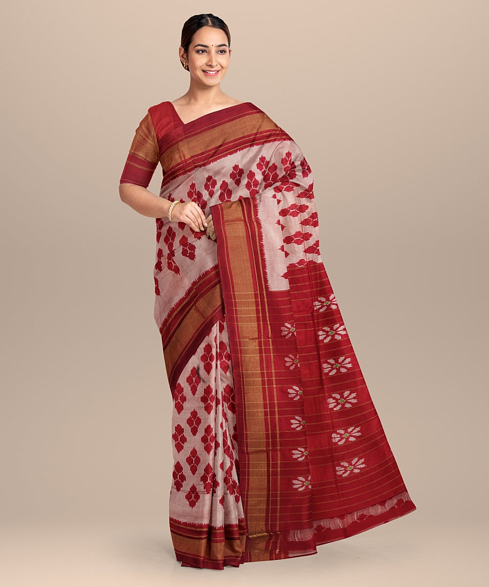 Off white red handwoven pochampally ikat silk saree