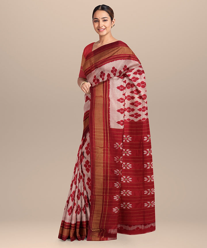 Off white red handwoven pochampally ikat silk saree