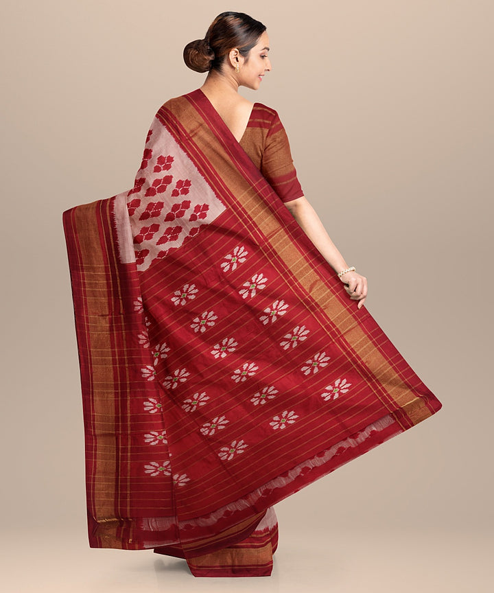 Off white red handwoven pochampally ikat silk saree