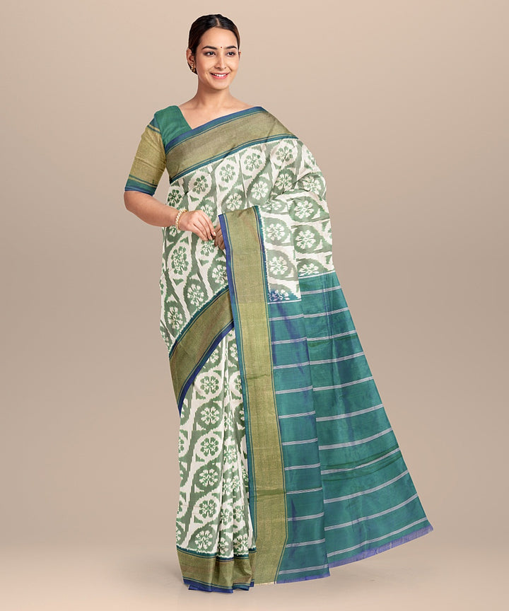 White green handwoven pochampally ikat silk saree